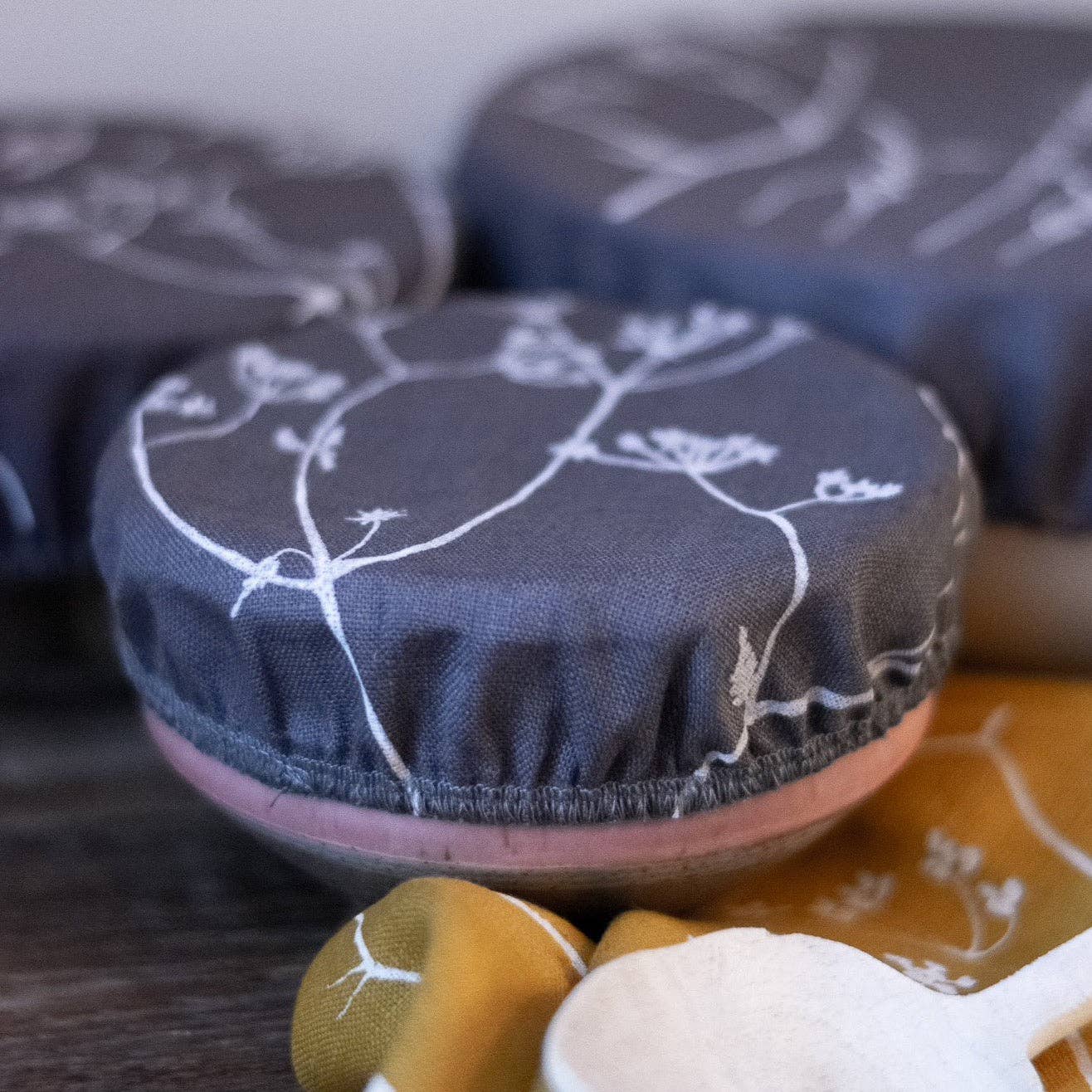 Helen Round - hand printed linen (US Duties Paid) - Wholesale Food Storage Wrap/Bag - Linen Bowl Covers , Set of 3 Bowl Coverings, Hand Printed2