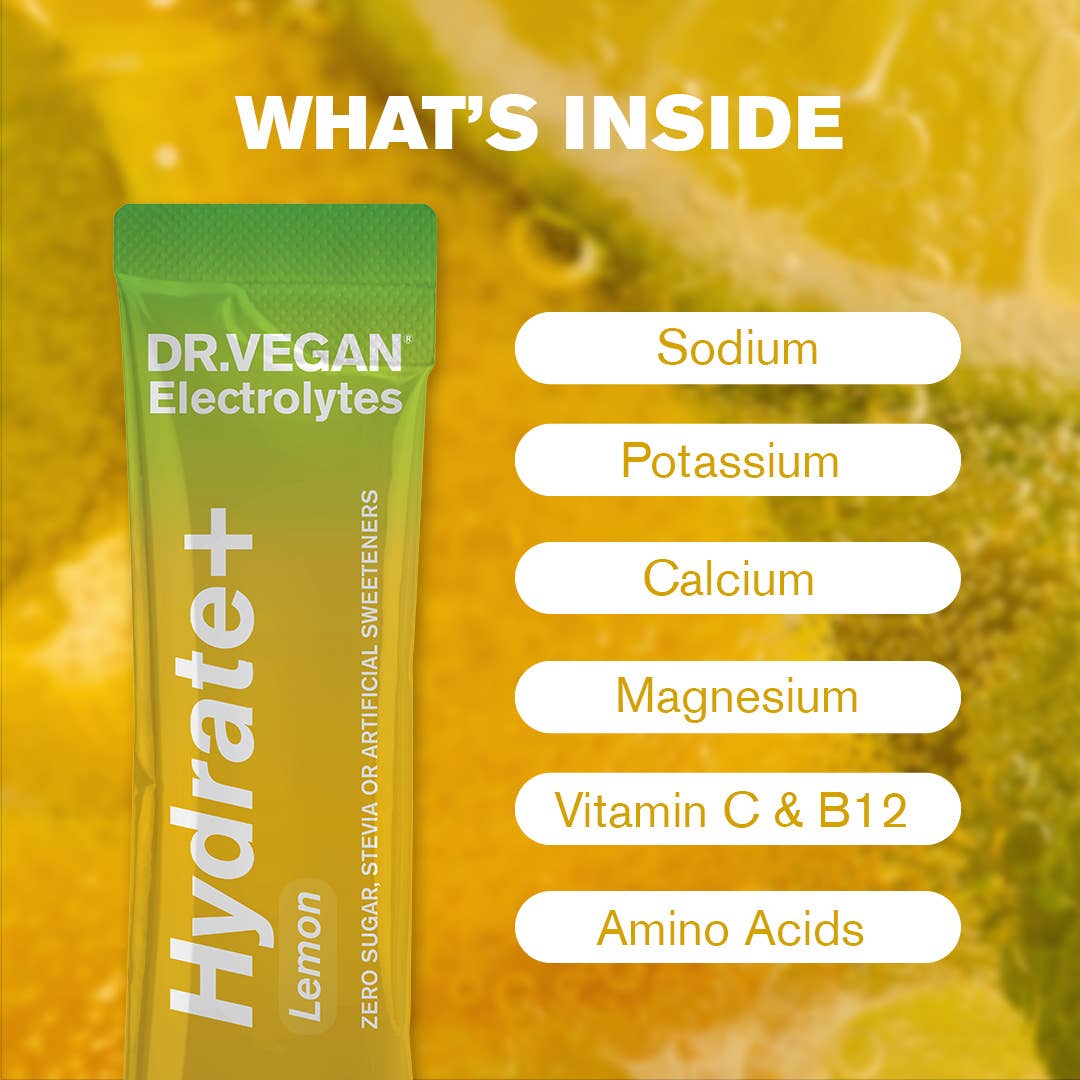 DR.VEGAN – wholesale Powdered health drink – Hydrate+ | Lemon | Complete Electrolytes | Box of 15 sachets3