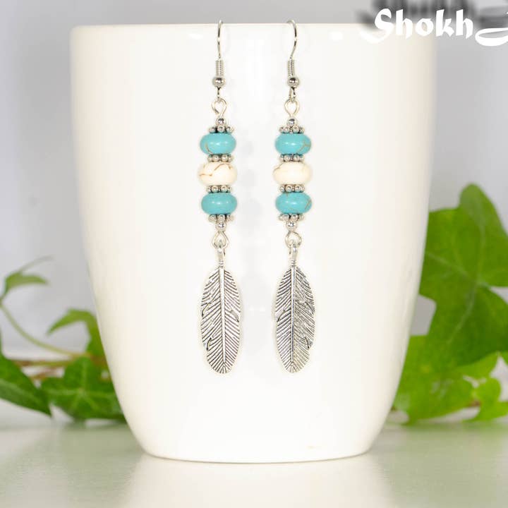 Howlite and Tibetan Silver Feather Earrings for wholesale by Shokh Jewelry