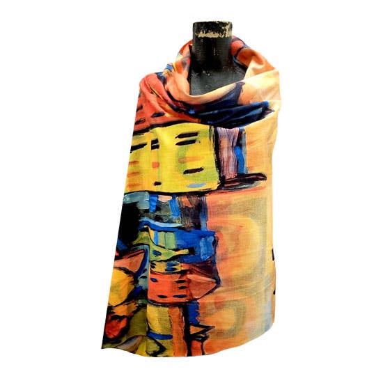 Access by Mediterranean Concepts - Wholesale Scarf - Women's - Wessily Kandinsky Bold Square and Houses Scarf with fringe5
