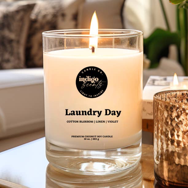 Día de Lavandería | Tarro Transparente de 10 oz | Vela de Coco y Soja para venta al por mayor de Indigo Scents Candle Co.