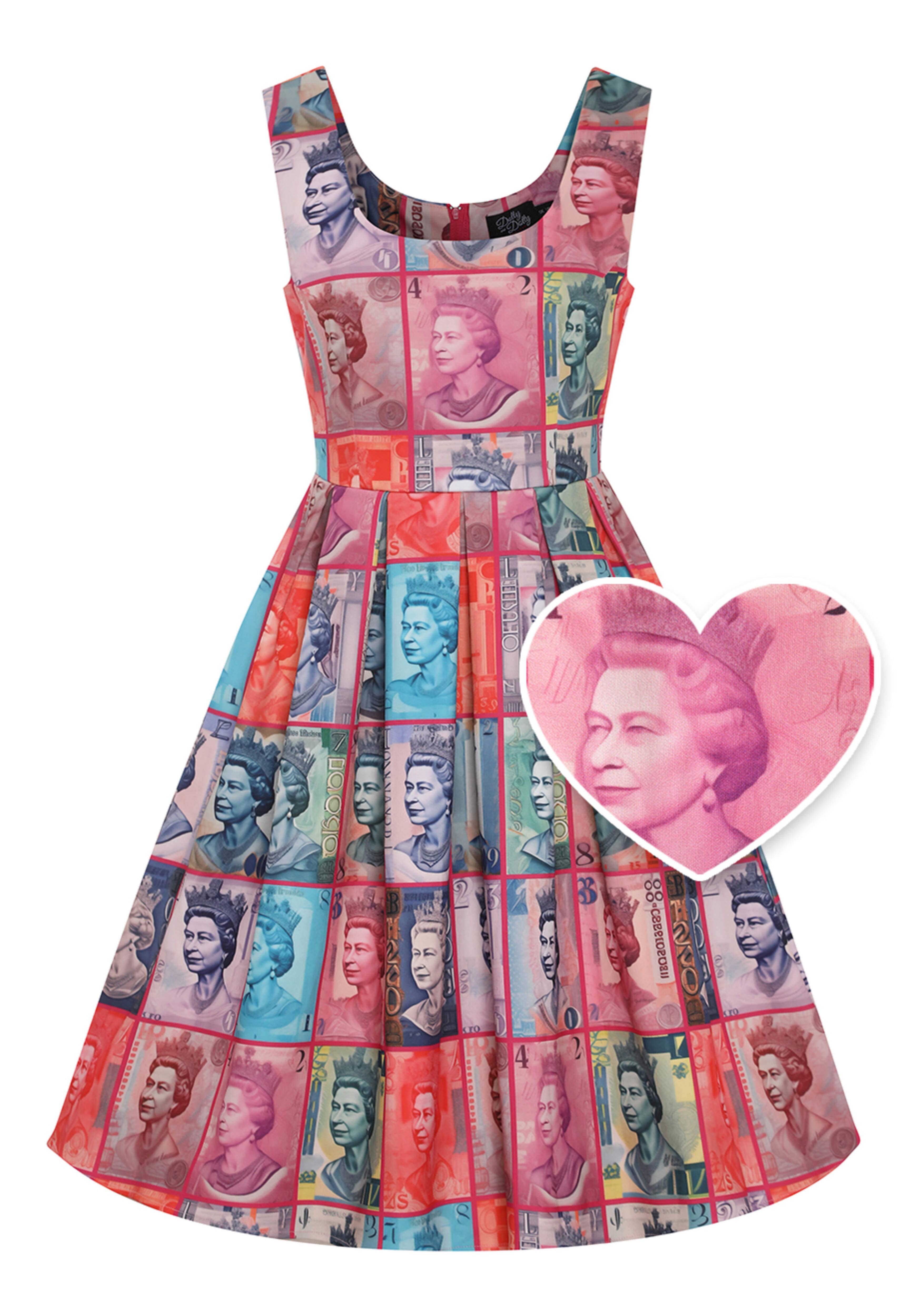 Dolly & Dotty - Vendita all'ingrosso Vestito - Donna - Abito a dondolo multicolore Amanda Queen Elizabeth con scollo rotondo0