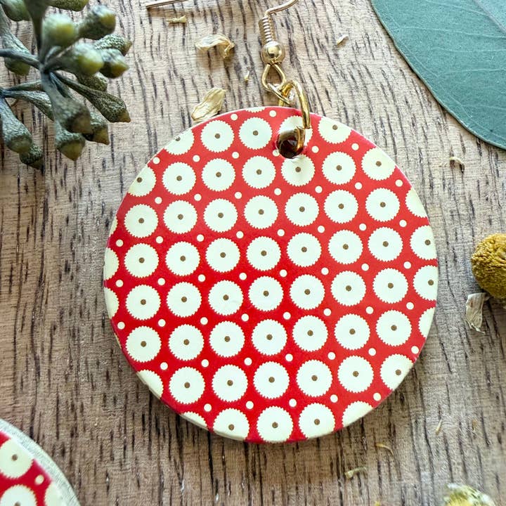 Wood Disc Drop Earrings – Dark Red with Yellow Circles for wholesale by Pin Up Cosmetics