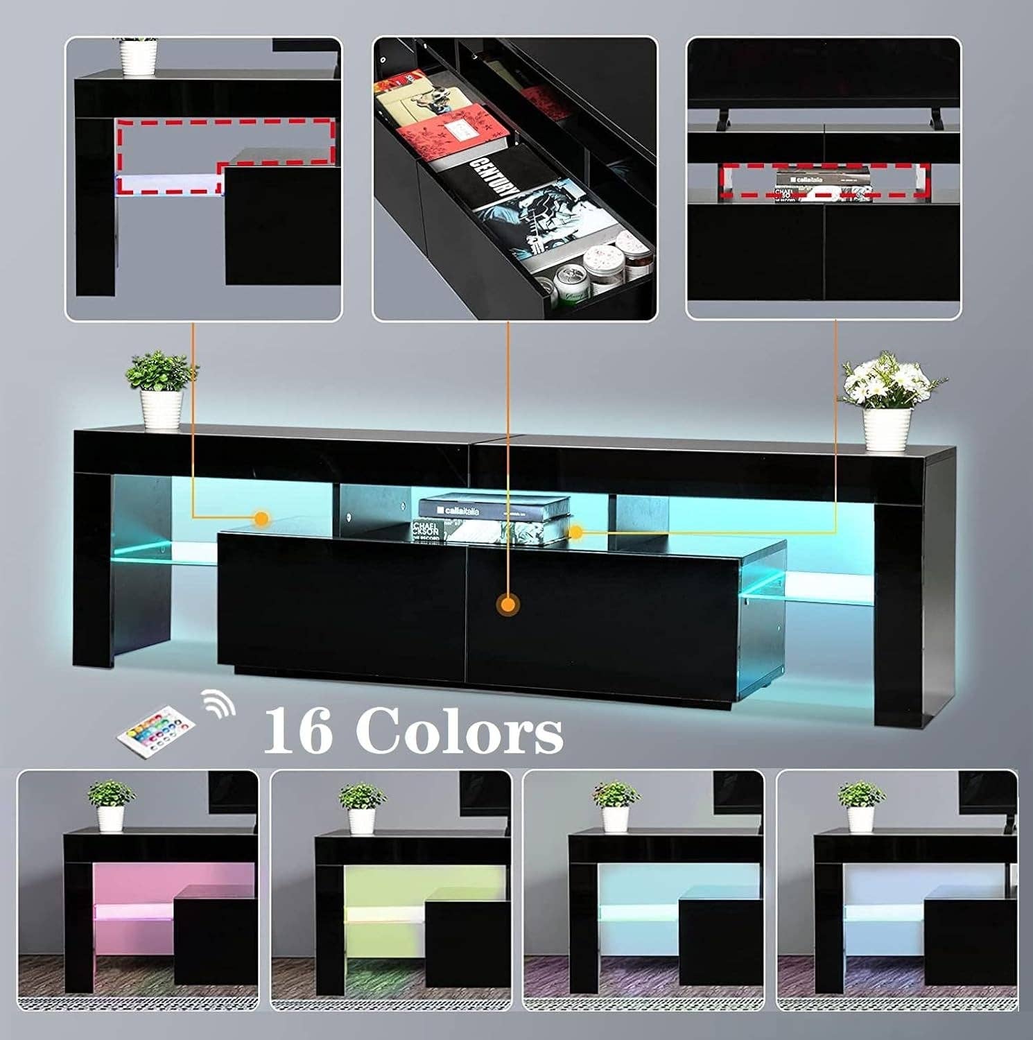 ShipItFurniture - Wholesale Console Table - Black 75 Inch TV Stand With LED Lights And Large Drawers3