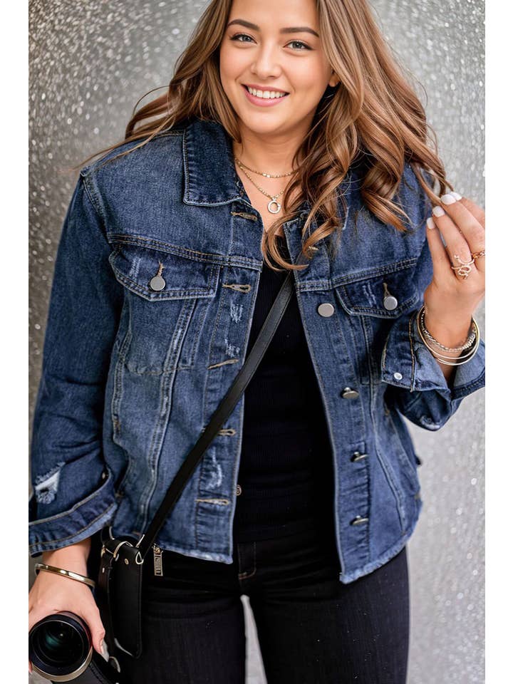 Blue Winter Distressed Raw Hem Buttons Denim Jacket(S-XL) for wholesale on Faire
