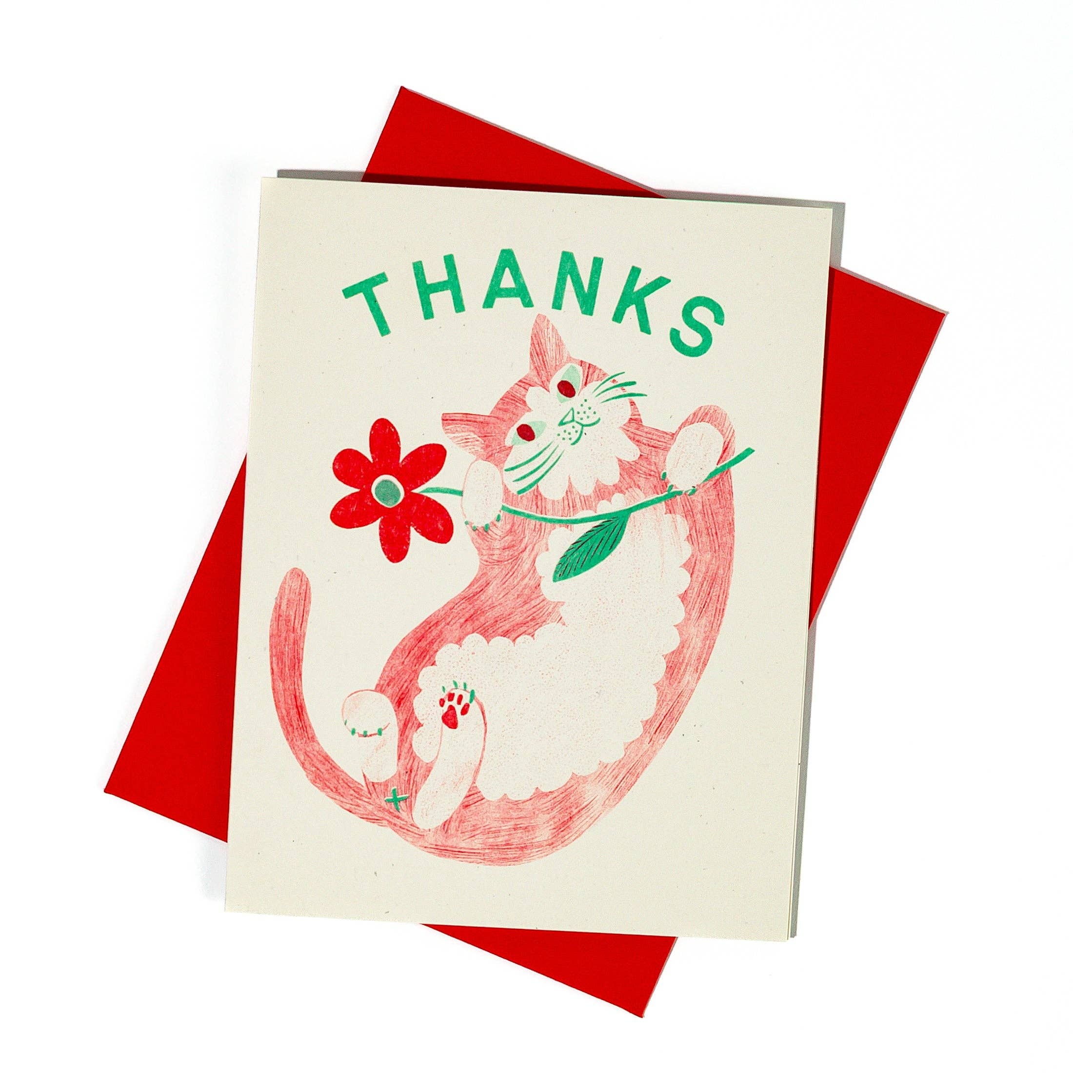 Bromstad Printing Co. - Wholesale Thank You Card - Thanks Cat & Flower - Risograph Card1