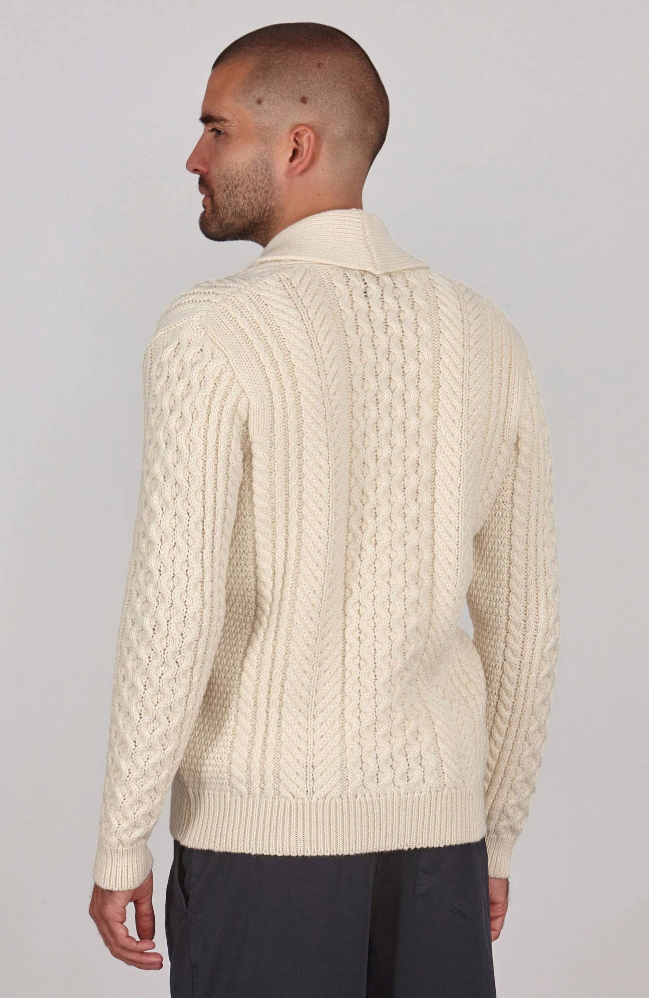 Paul James Knitwear - Wholesale Cardigan - Men's - Mens Chunky Merino Wool Shawl Collar Cable Cardigan5