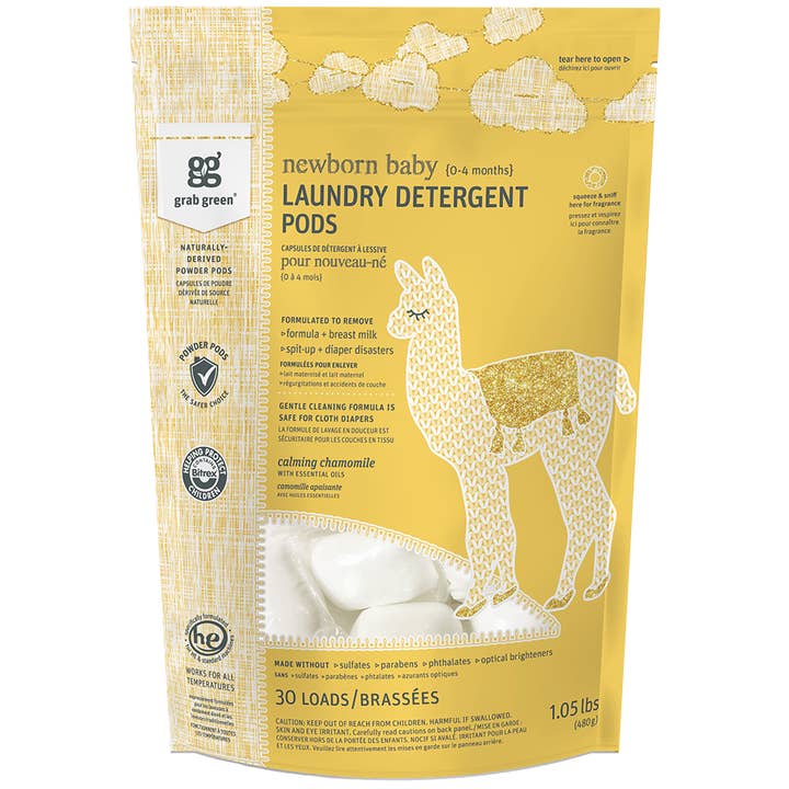 Grab Green - Vente Lessives en poudre/dosettes - Dosettes de détergent à lessive pour nouveau-né, camomille, 30 brassées