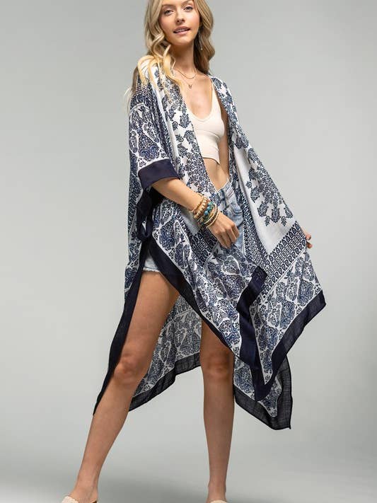 WHITE NAVY Paisley and Damask Print Kimono for wholesale on Faire