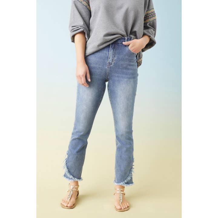Medium Denim EverStretch Straight Leg Ankle w/ Fringe for wholesale on Faire2