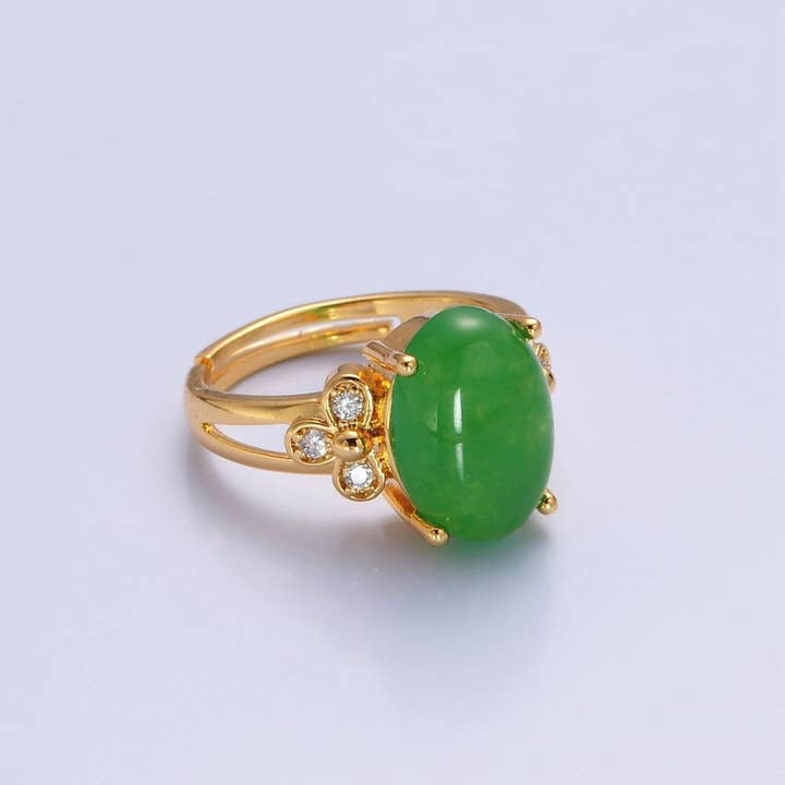 24K Gold Filled Green Jade/Cubic Zirconia Double Band Adjustable Ring, O-2298, O-765 for wholesale by Aim Eternal