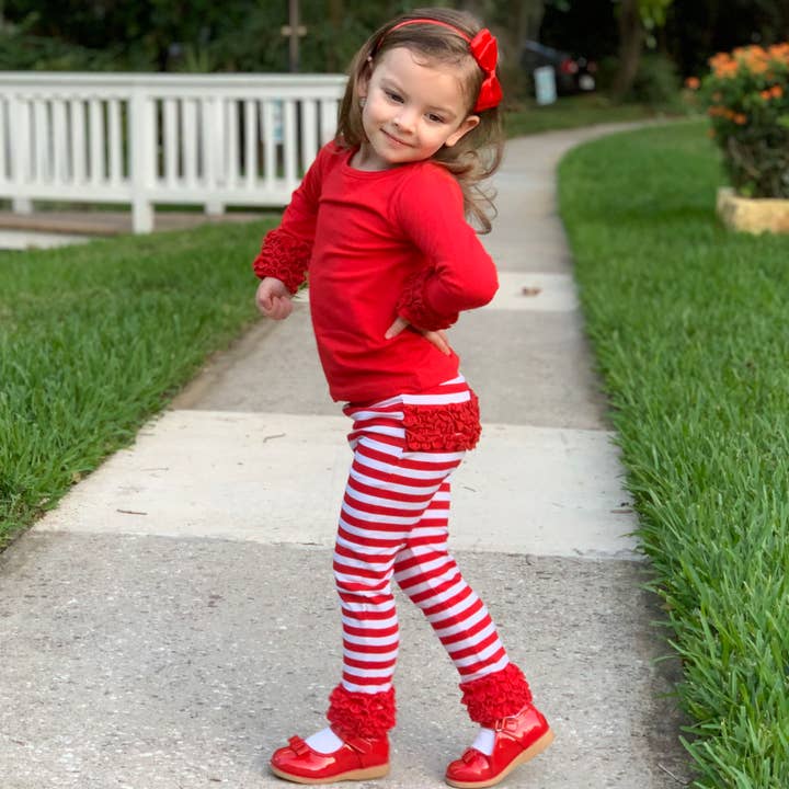 AnnLoren – Großhandel Fashion-Leggings – Kinder – AnnLoren Leggings mit Rüschenärmeln für Mädchen, rot gestreift3
