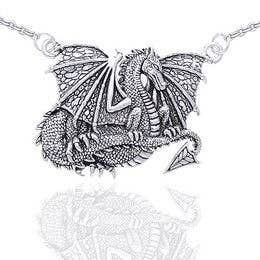 Wholesale Sterling Silver Detailed Heavy Dragon Pendant Necklace