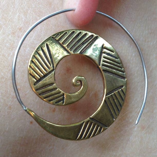 Brass Tribal Spiral Earrings / Boho Gold Spiral Hoops for wholesale by JAYA MOKSHA