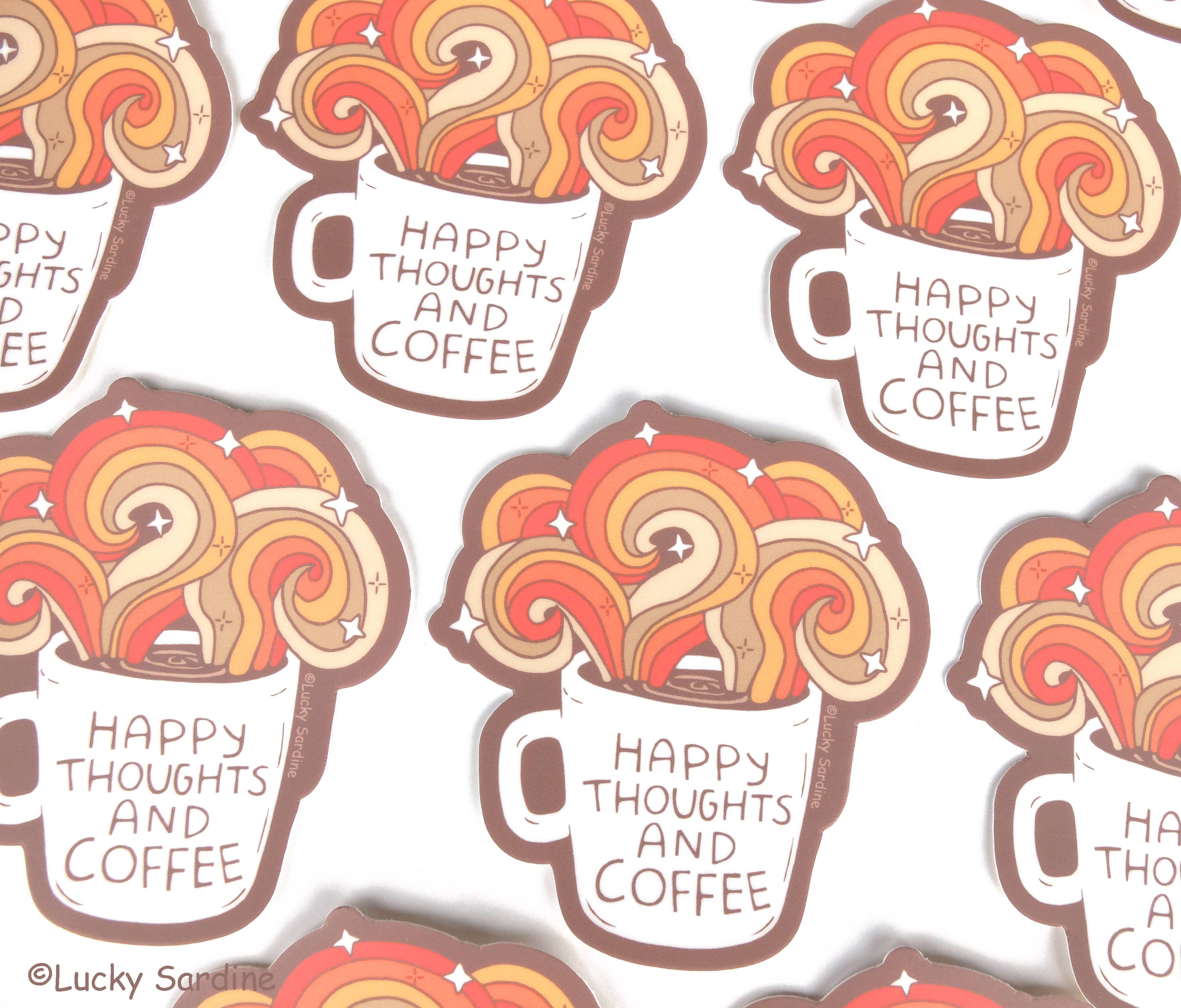 Lucky Sardine - Wholesale Sticker - Happy Thoughts & Coffee, Retro Rainbow Vinyl Sticker1