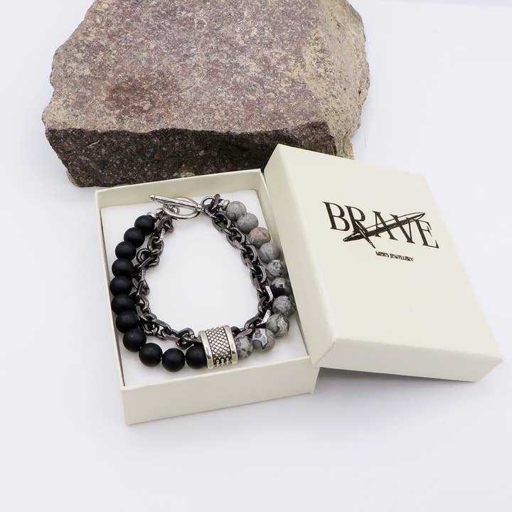 Atisha Spiritual Shop - Wholesale Jewelry - Men's - ARATH ~ Men's bracelet chain + hard stone pearls - STAINLESS STEEL3