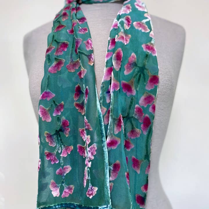 Sherit Levin Textiles - Wholesale Scarf - Women's - Devoré Silk velvet Hand Painted Floral Scarf4