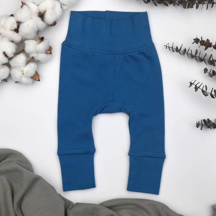 Organic Cotton High Waist Baby Pants, Bermuda Blue for wholesale by Earthy