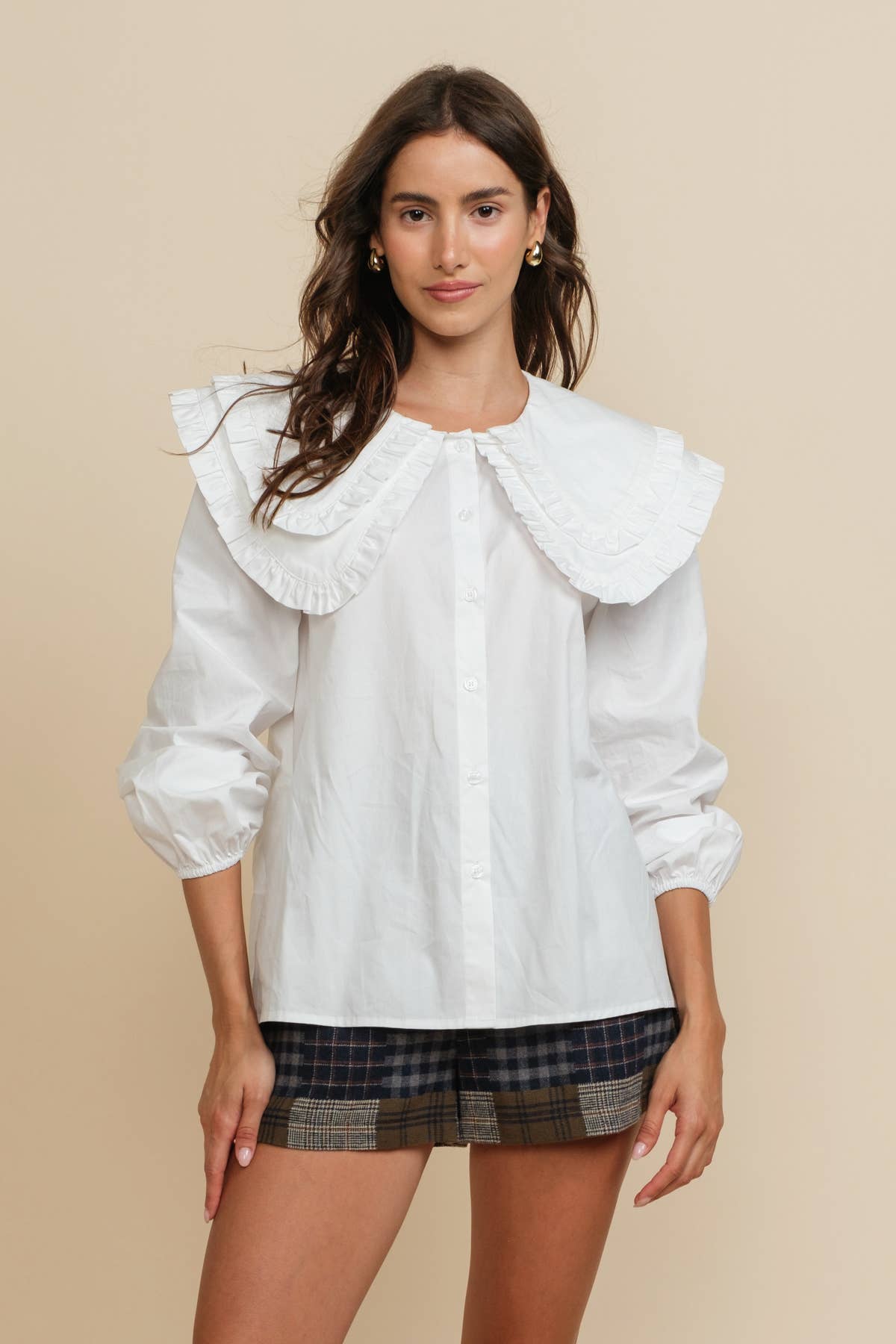 BLANC CASSÉ Blouse en coton à manches longues avec col surdimensionné à double volant en vente sur Faire1