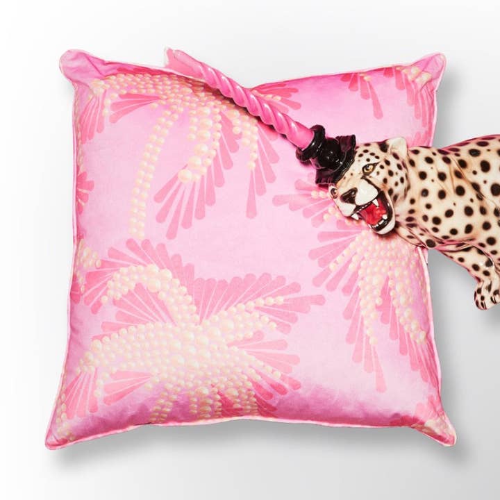 "Pink Pearl Palm Tree" Printed Velvet cushion for wholesale by Wear The House