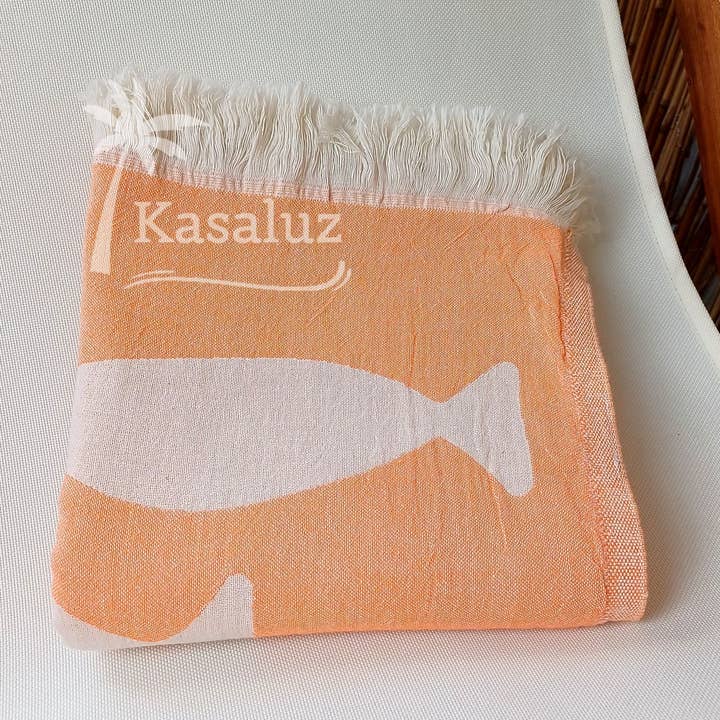 KASALUZ – Engroshandel Strandhåndklæde – Fouta fisk orange jacquard 100 % bomuld