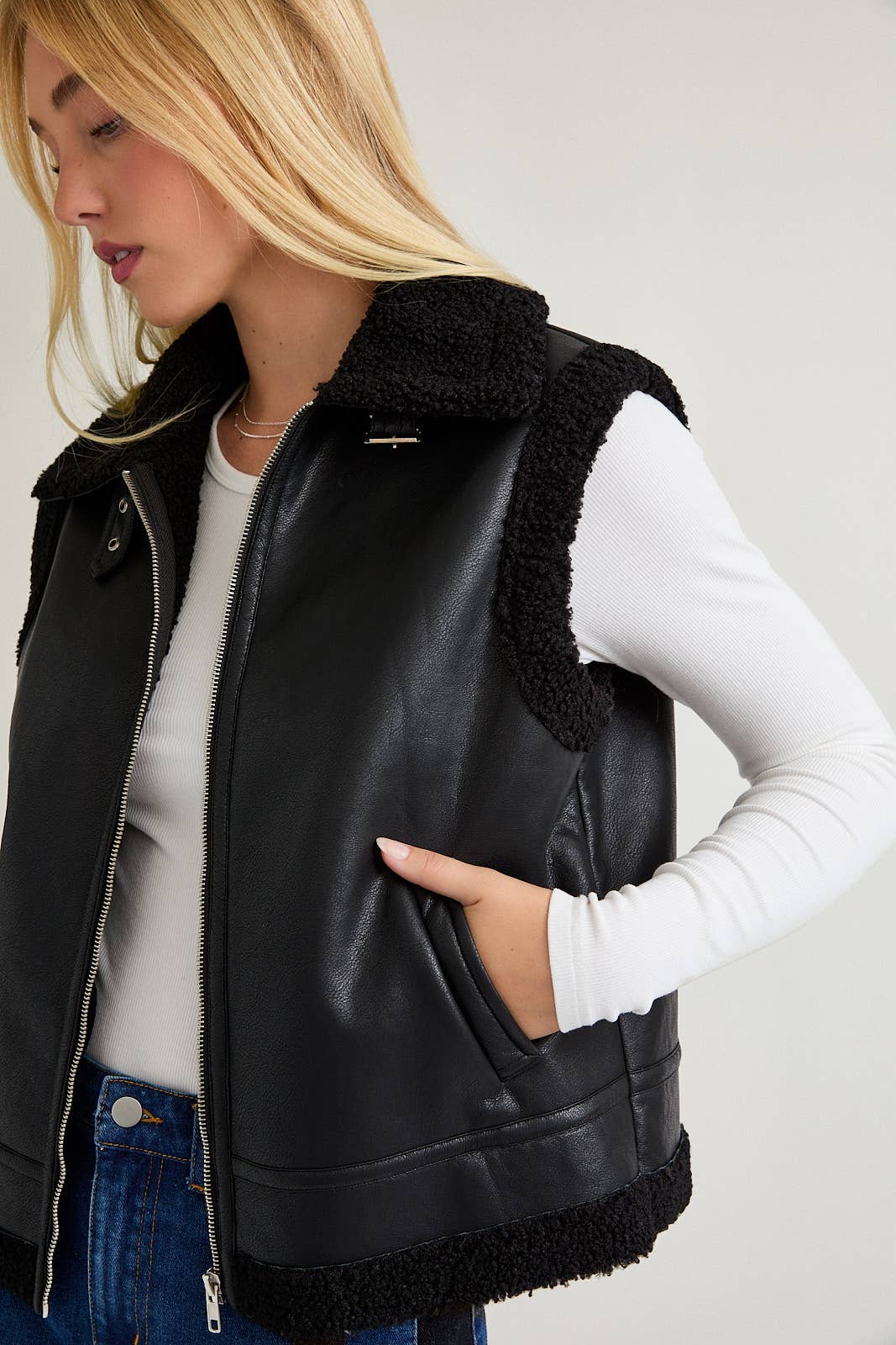 Black DOUBLE FACED VEST WITH COLLAR for wholesale on Faire6