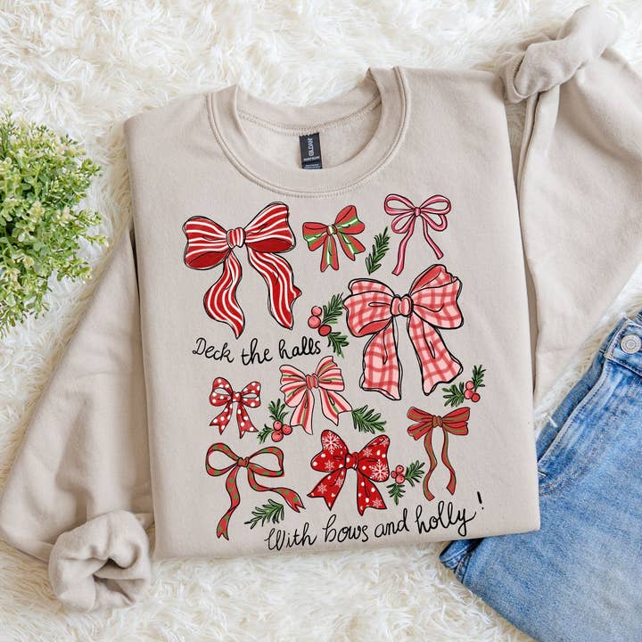 Southern Rheas - Wholesale Graphic Sweatshirt - Women's - Christmas Checker Bow Doodle Sweater, Plaid Croquette Bows3