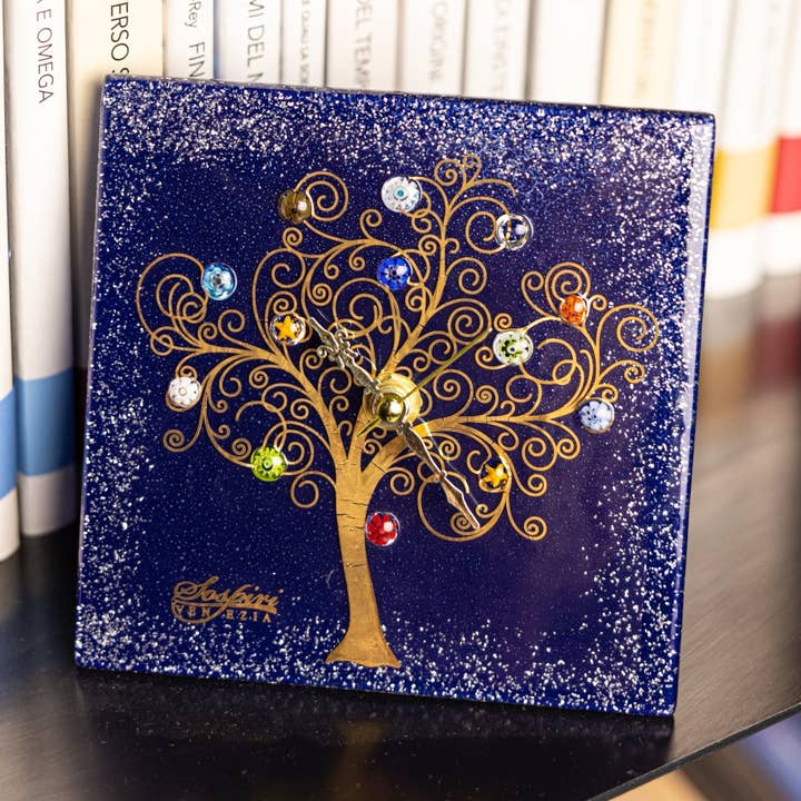 Square table clock in Murano glass, gift idea favor, gold decoration TREE OF LIFE for wholesale by ALBATROS S.R.L.