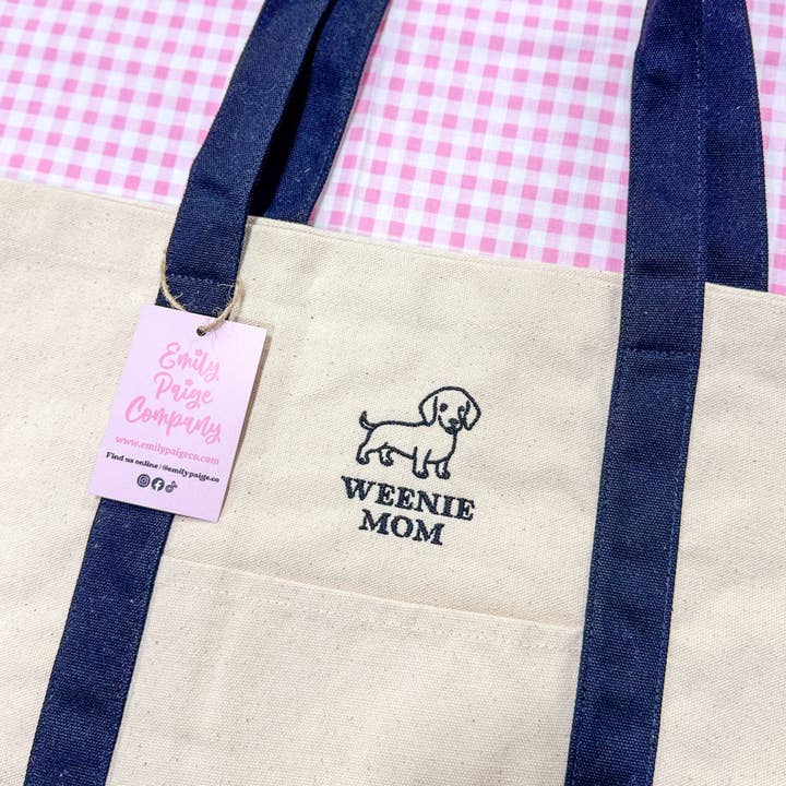 Weenie Mom Embroidered Canvas Tote Bag for wholesale by Emily Paige Company