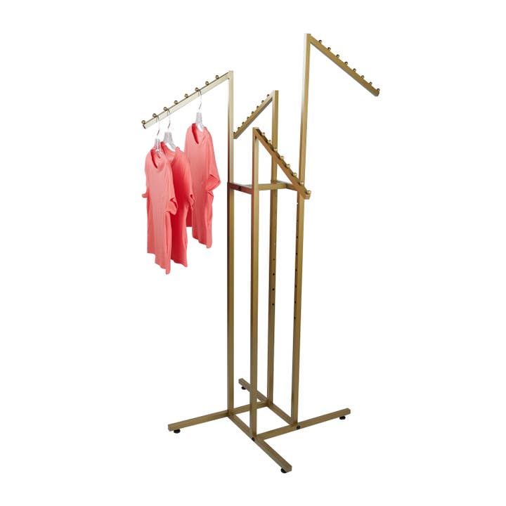 Store Supply Warehouse - Wholesale Retailer Display - Accessories - Gold 4-Way Clothing Rack with Slant Arms