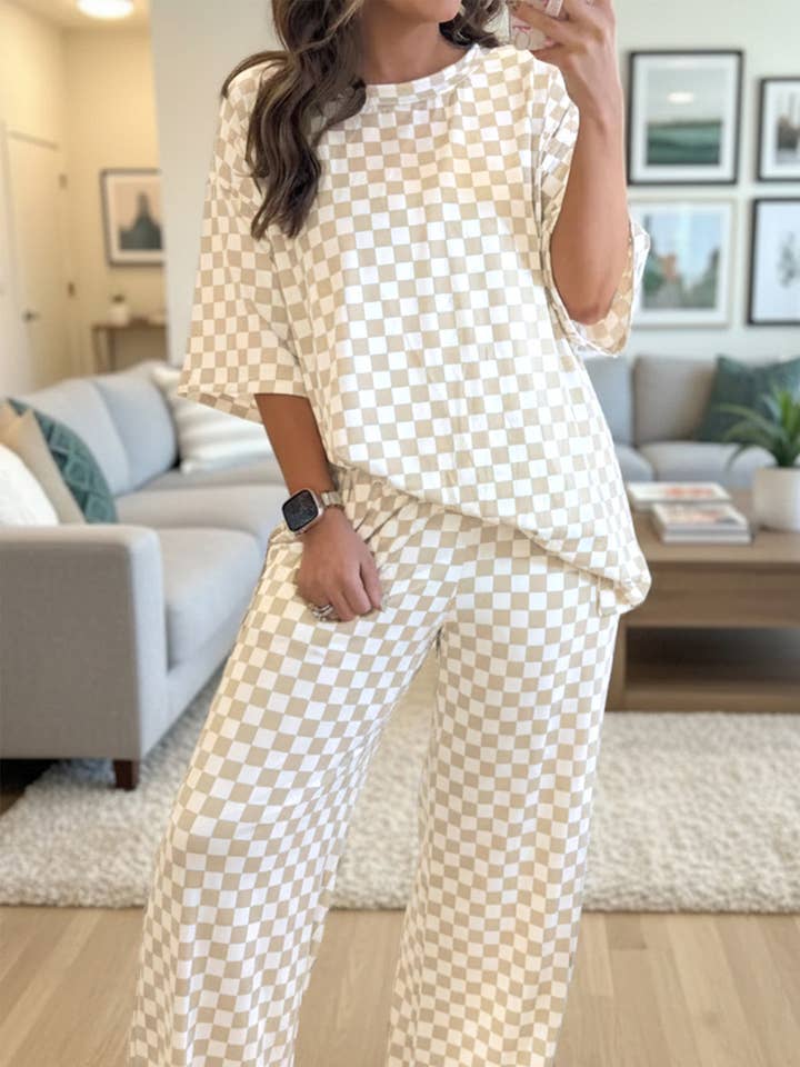 Conjunto de Pijama com T-shirt de Manga Curta e Calças LALALOO Checker por atacado de LALA LOO