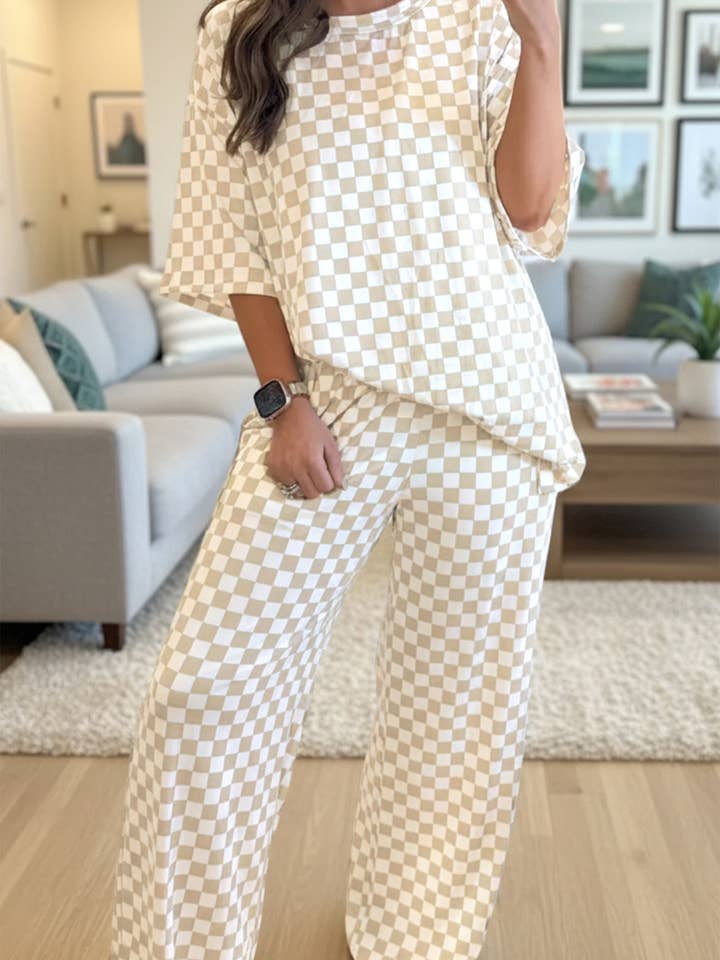 Khaki Checkered Print Half Sleeve Tee 2pcs Lounge Pant Set for wholesale by Shoppe247