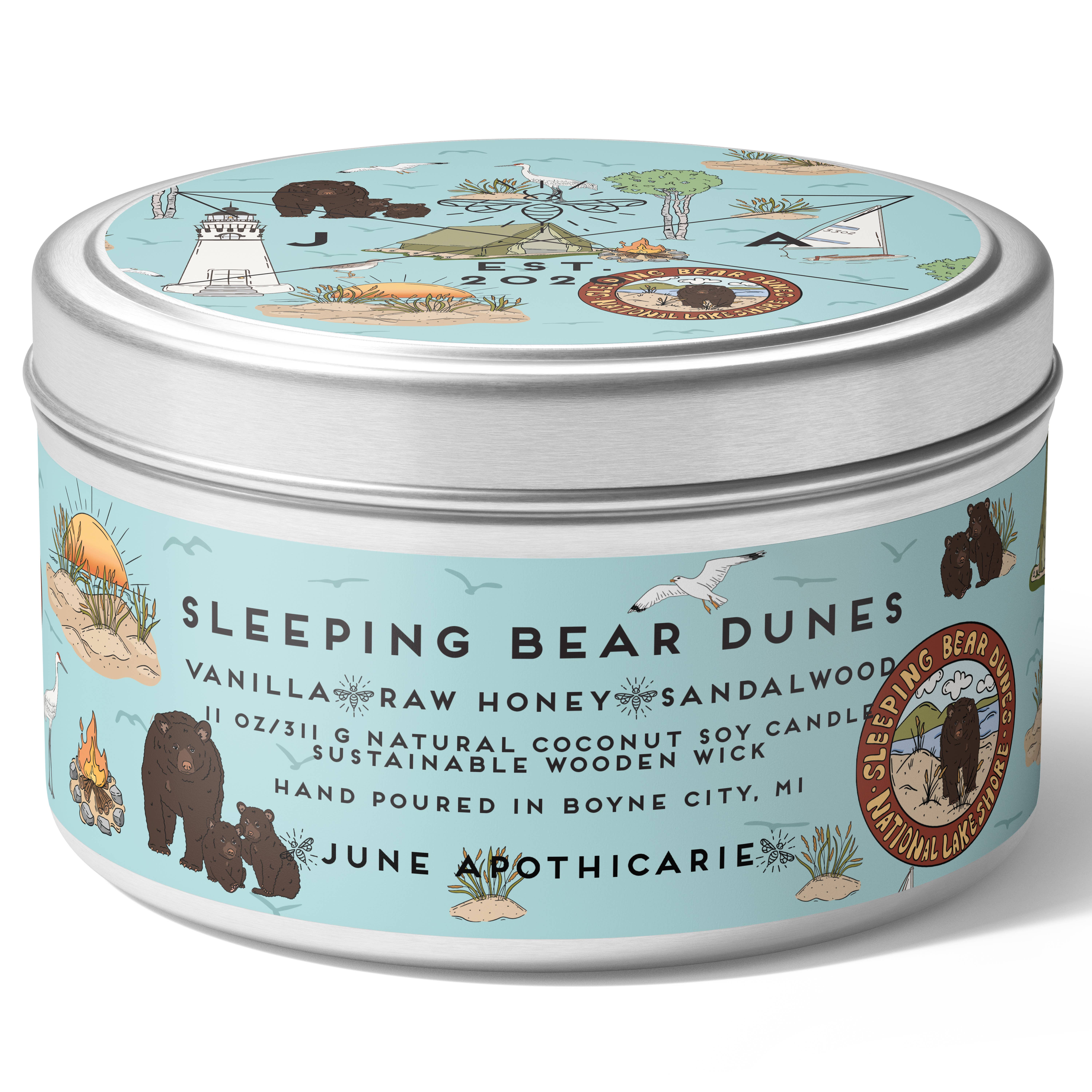 June Apothicarie – Engroshandel Rejsestearinlys – Sovende bjørneklitter træ væge 11 ounce Tin Candle - Michigan2
