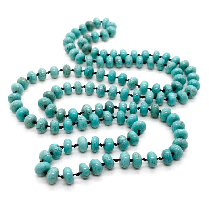 LIZOU - Wholesale Beaded/Pearl Necklace - Hand-Knotted Long Turquoise Rondelle Bead Necklace - NL-TQ11
