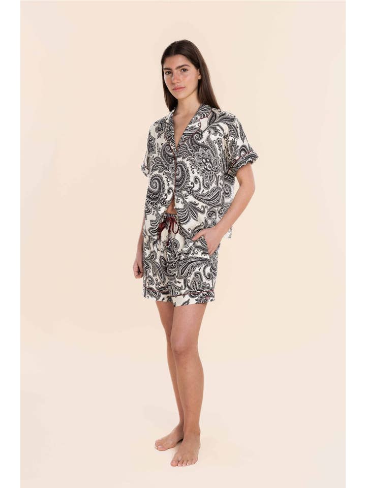 Cream Cotton Sateen Short Pyjama Set - Daphne B&W Paisley for wholesale on Faire4