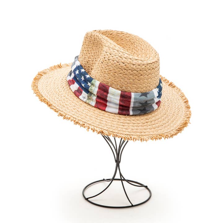 Vintage American Flag Print Straw Fedora Hat for wholesale by Rope & Spurs