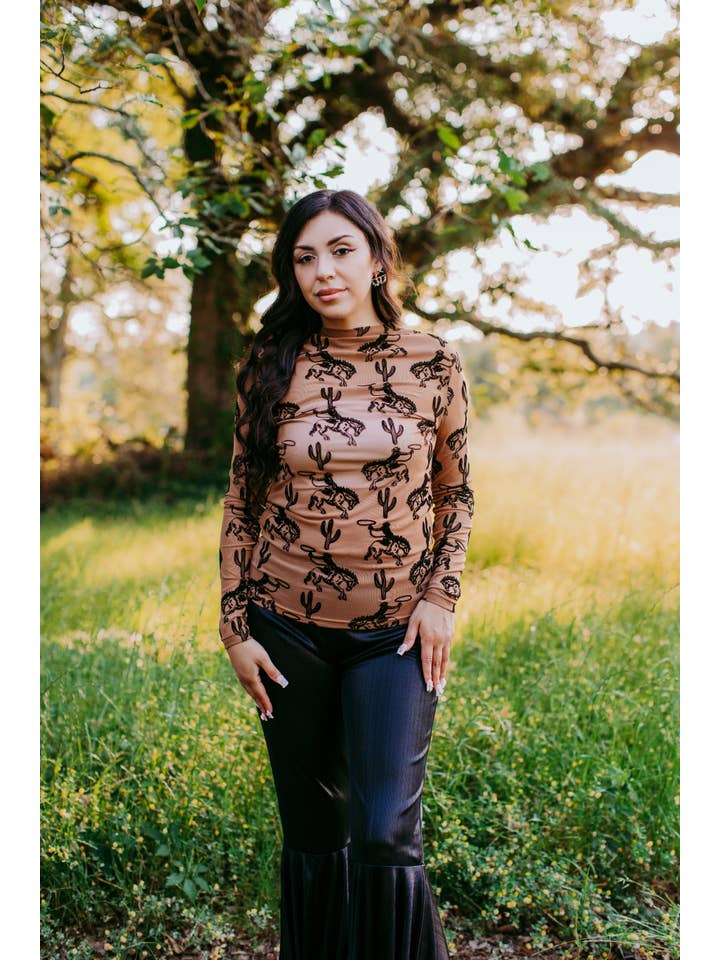 MK397 Velvet Cactus & Cowboys Mesh Top - Brown for wholesale on Faire