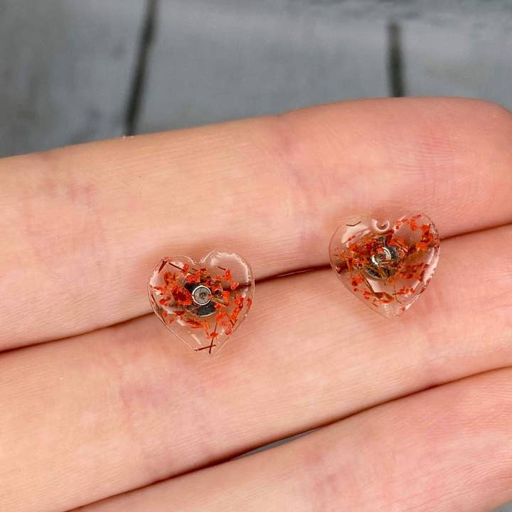 Pressed flower heart stud earrings - red for wholesale by Panya Jewellery