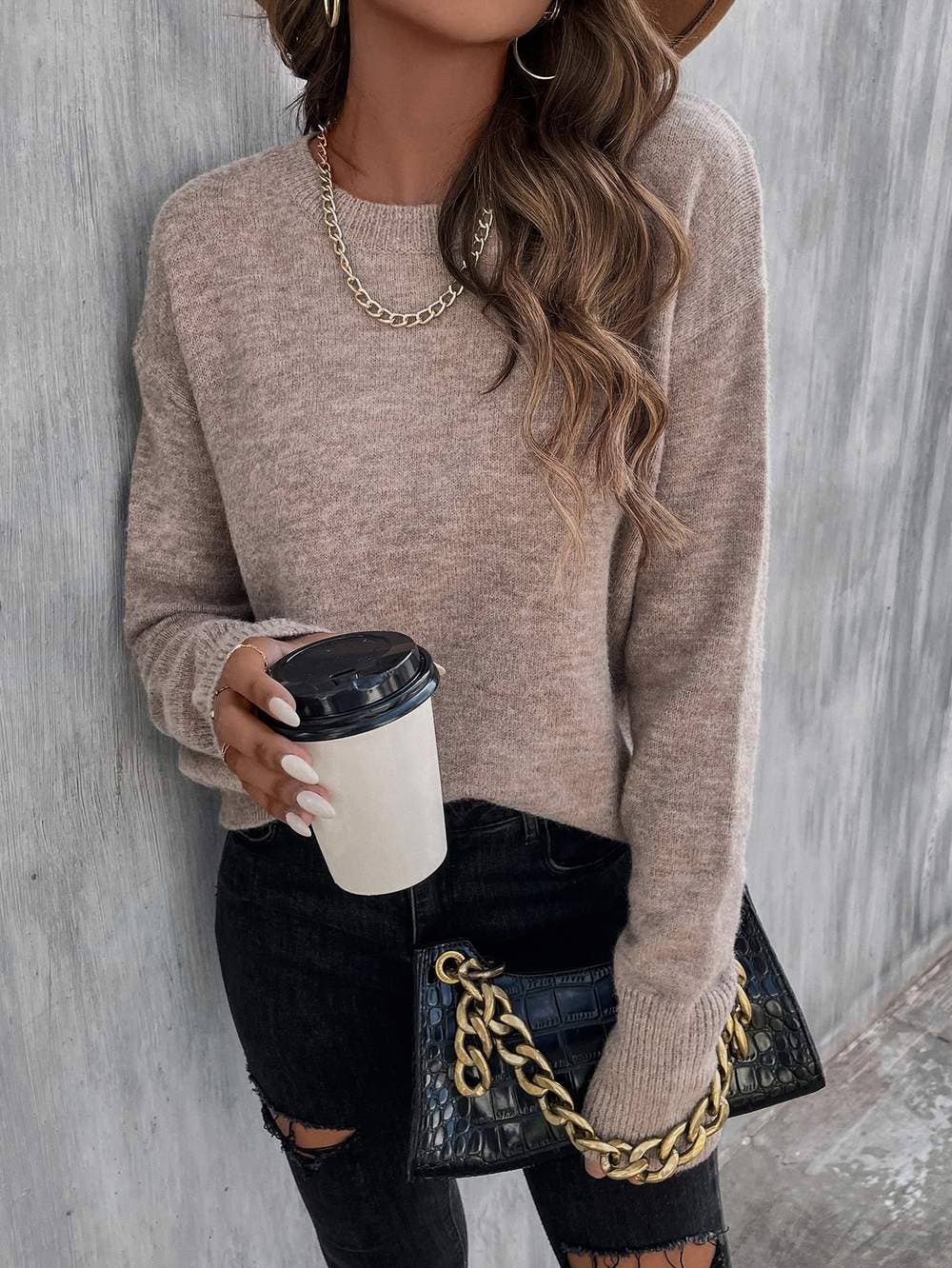 Fashion Combination – wholesale Knitted jumper – Women′s – solid drop shoulder sweater7