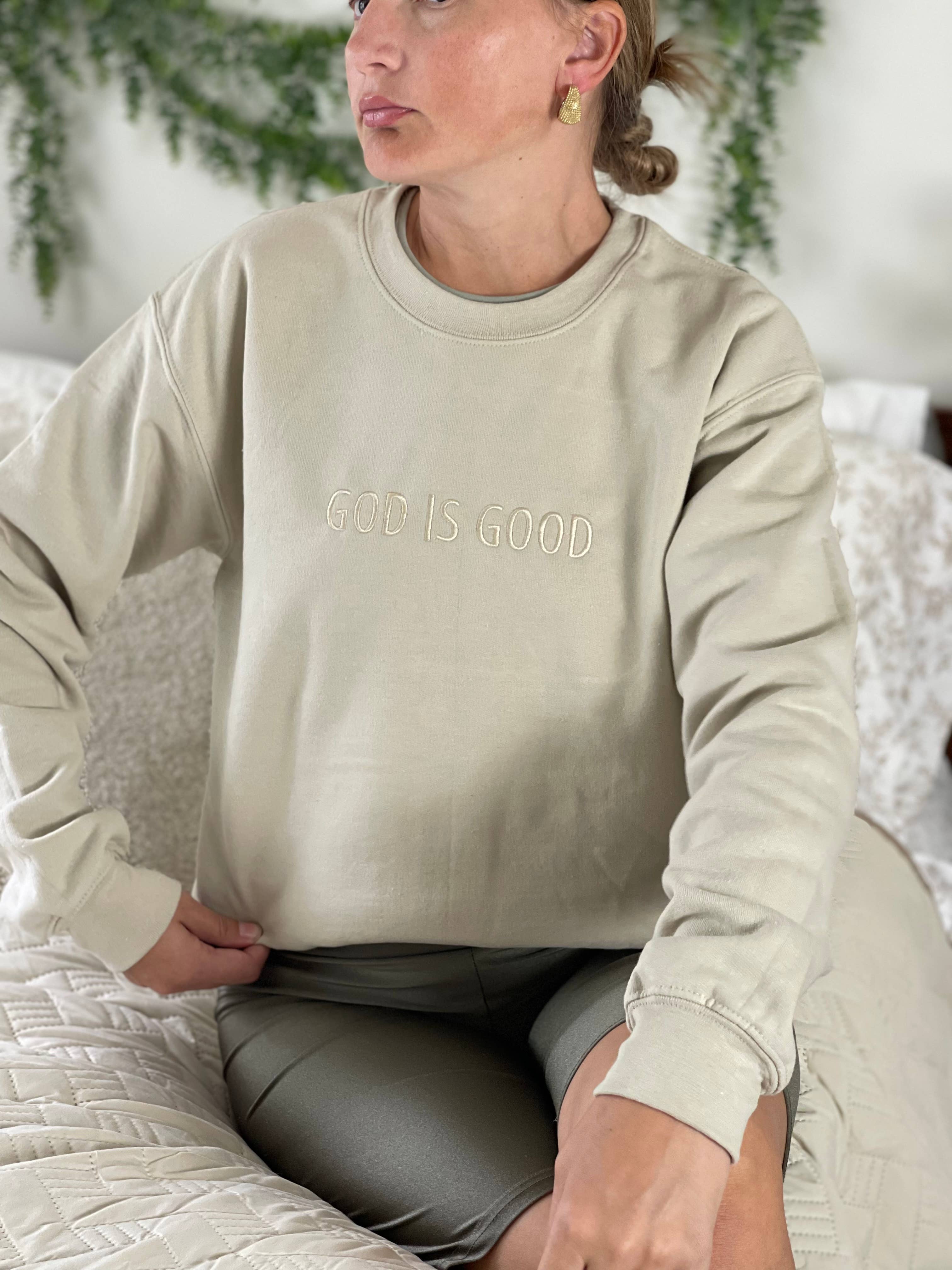 Buleana Boutique and Textiles LLC - Wholesale Graphic Sweatshirt - Unisex - Tone to Tone Custom Embroidered Crewneck God is good Sweater3