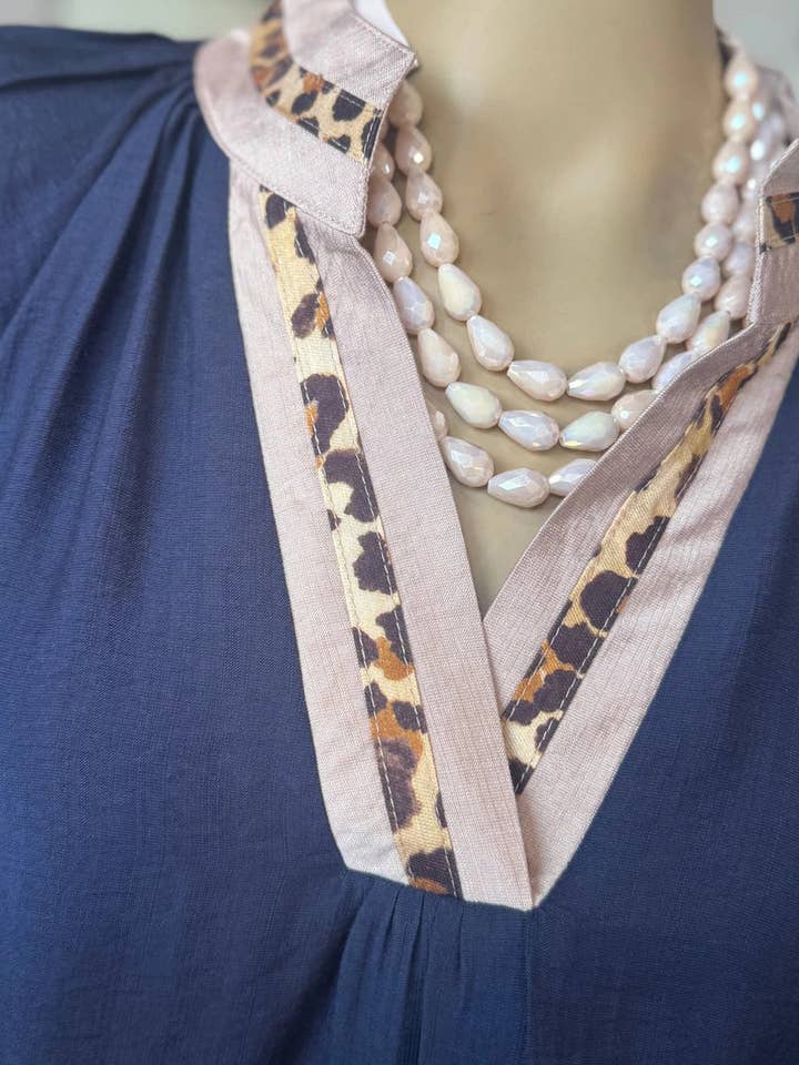 Navy Blue Contrast Leopard Patchwork Collar Plus Size Long Flounce Sleeve Blouse for wholesale on Faire1