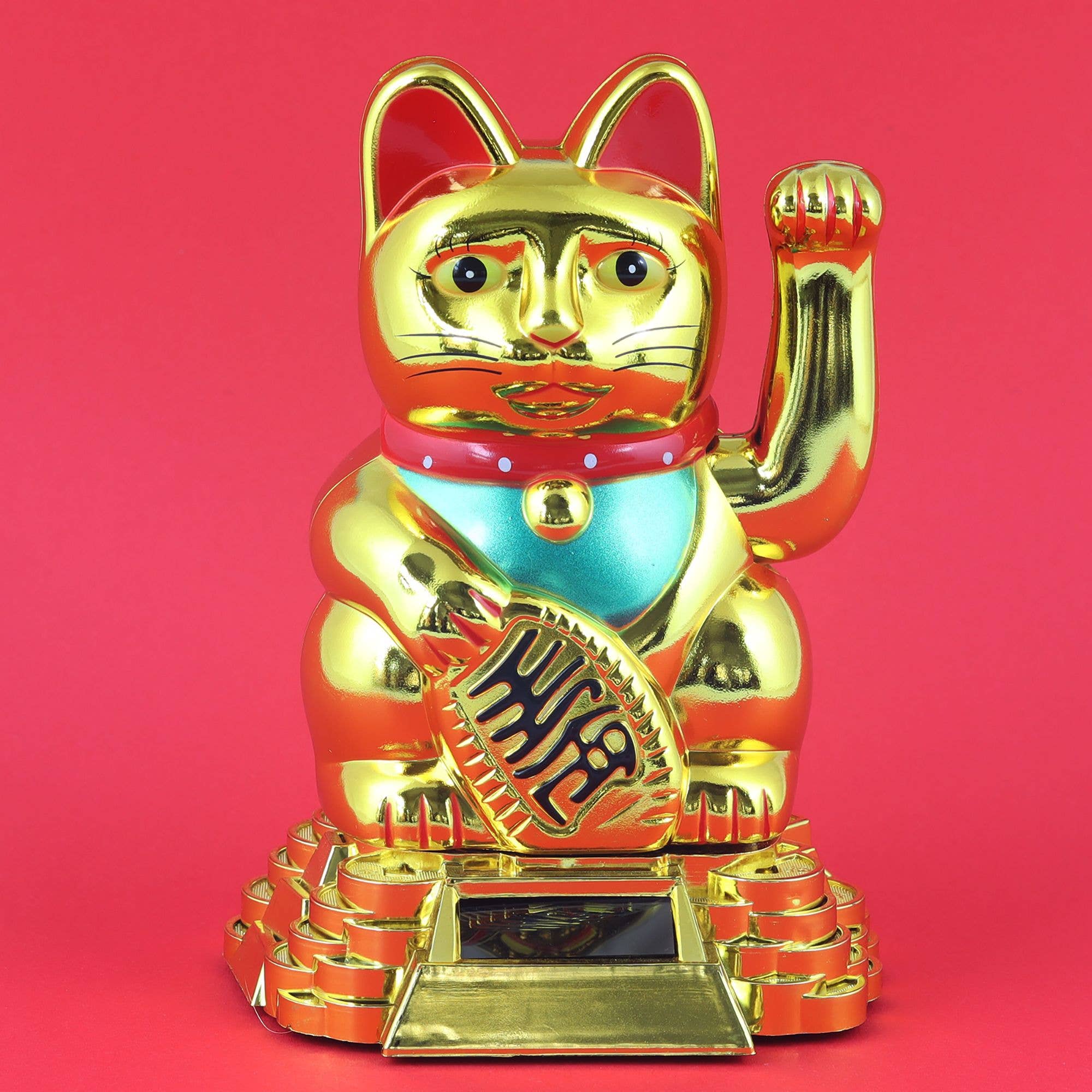 Tribal Trade GmbH - Wholesale Decorative Figurine - Lucky cat Maneki-neko waving cat solar round 15cm gold6
