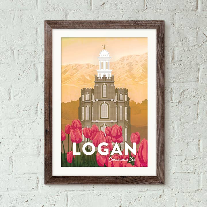 Utah, Logan Temple - Affiche de voyage vintage pour la vente par Missy Ames Design and Illustration