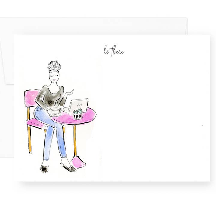 Hi There Cafe Girl Flat Note Card Stationery Set for wholesale by Lacee Swan