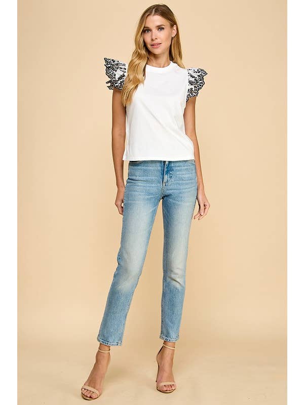 White CT9109-Ruffled Lace Sleeves Knit Top for wholesale on Faire