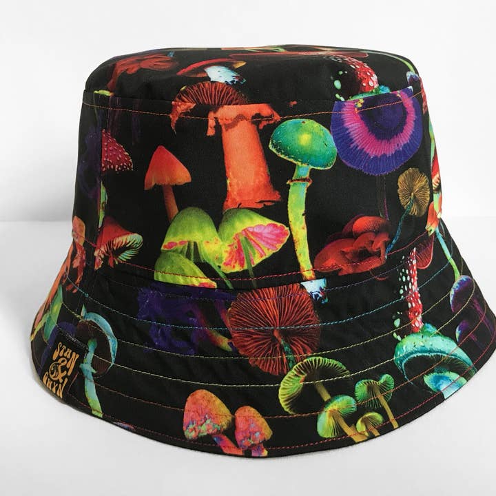 Neon Mushroom Hat, 90's Bucket Hat, Shroom Print Hat for wholesale by Stan and Gwyn