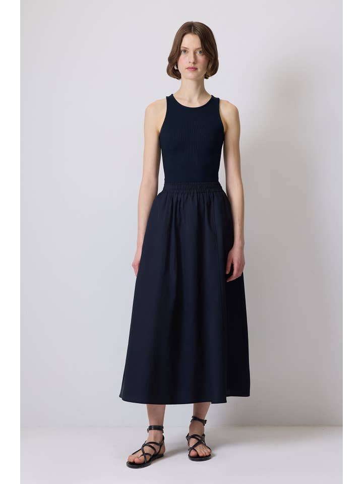 Navy Blue HIGH-WAISTED A-LINE MAXI SKIRT - ELASTIC WAIST, COTTON BLEND for wholesale on Faire