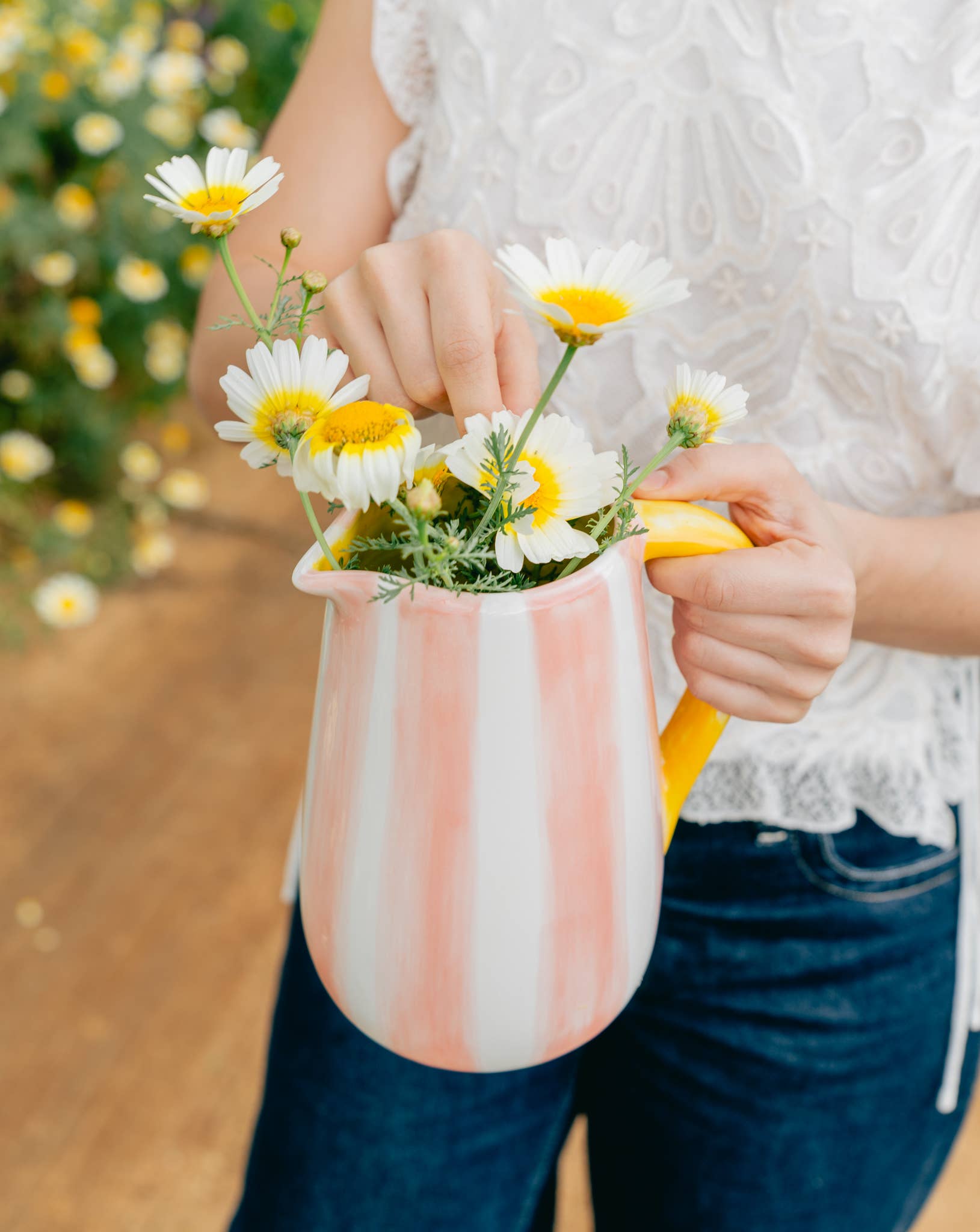 Alfar Tierra Cocida - Vendita all'ingrosso Caraffe - Brocca in ceramica con righe rosa e gialle 21 cm - VALENTINA5