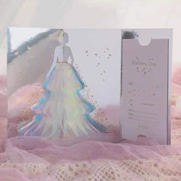 LanLivia - Vendita all'ingrosso Partecipazioni di nozze - Biglietto di nozze 3D - Signora scintillante con design di abito da sposa0