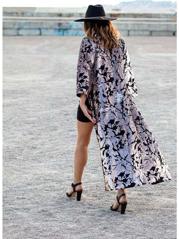 Festivo kimonos - Wholesale Kimono - Dames - Kimono van fluweel met witte en gouden pailletten